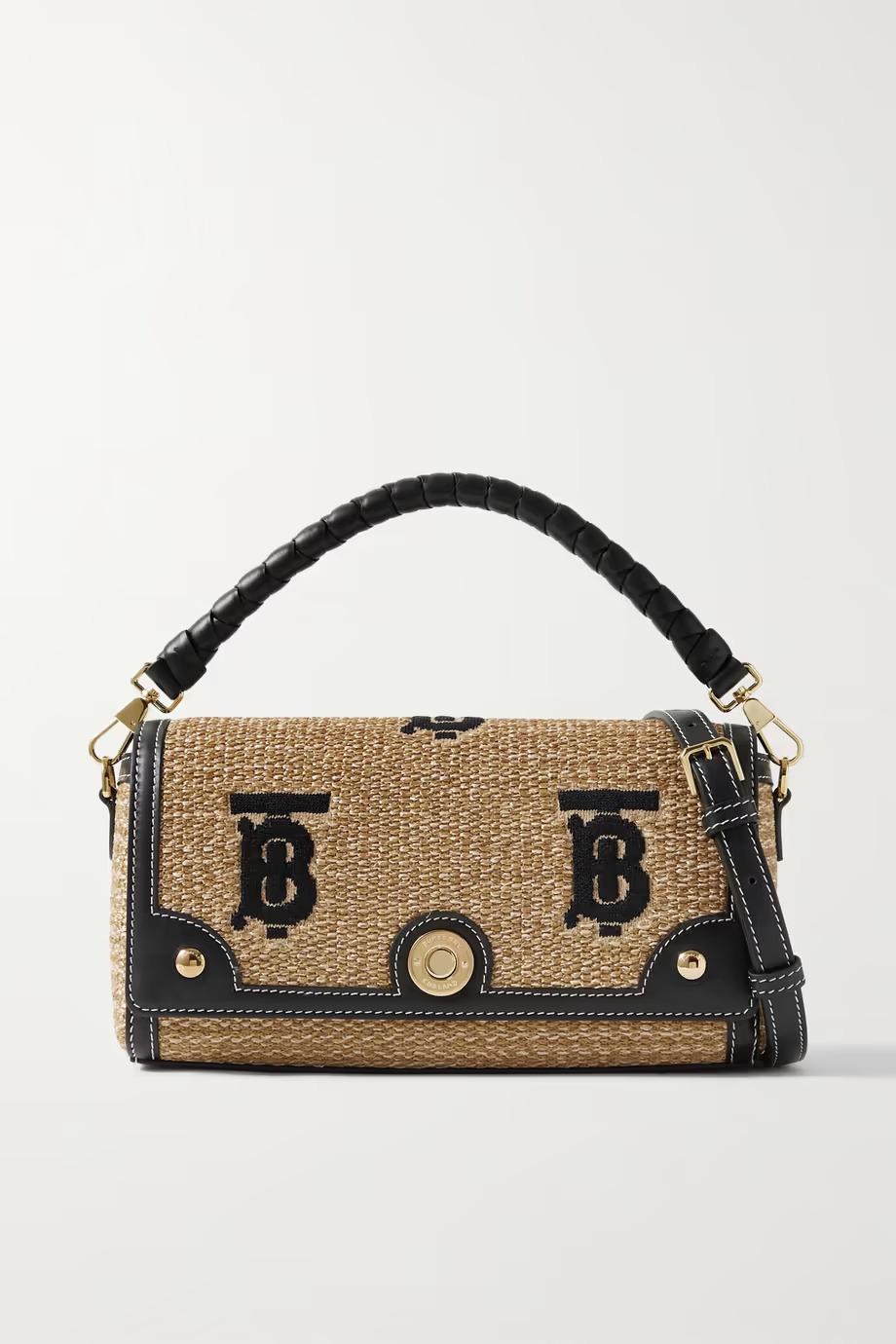 Burberry Leather-trimmed embroidered faux raffia tote