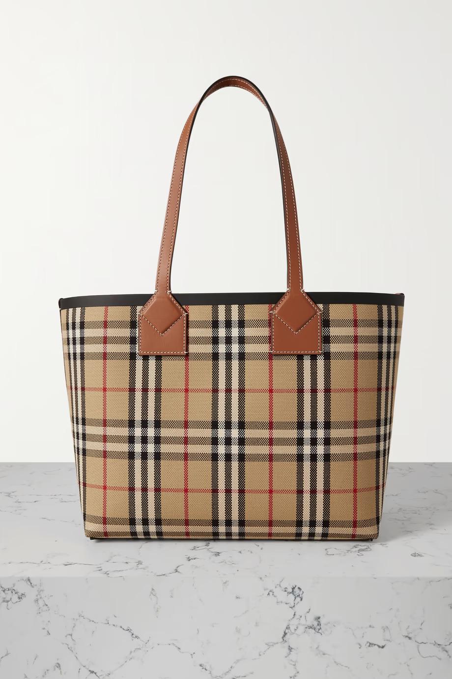 Burberry Small leather-trimmed checked cotton-canvas tote